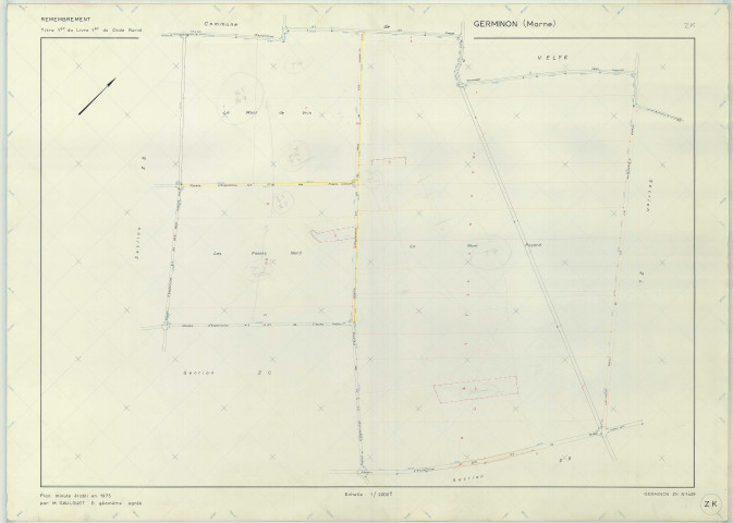 Germinon (51268). Section ZK échelle 1/2000, plan remembré pour 1975, plan régulier (papier armé)