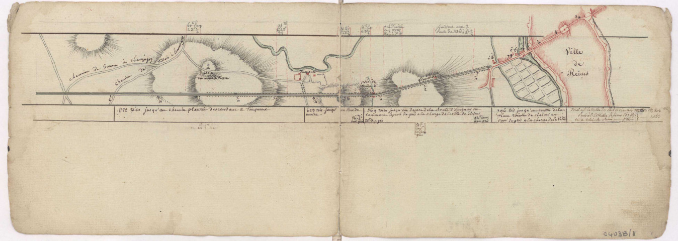 Cartes itineraires grandes routes, 1786 : Route de Paris à Mézières par Fismes Reims et Rethel, de Tinqueux à Reims.