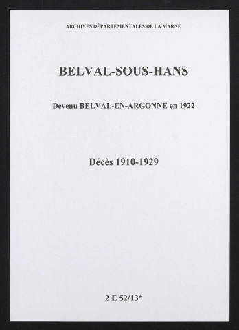 Belval-sous-Hans. Décès 1910-1929