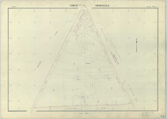 Sainte-Menehould (51507). Section AD échelle 1/1000, plan renouvelé pour 1966 (partie détachée de AC), plan régulier (papier armé)