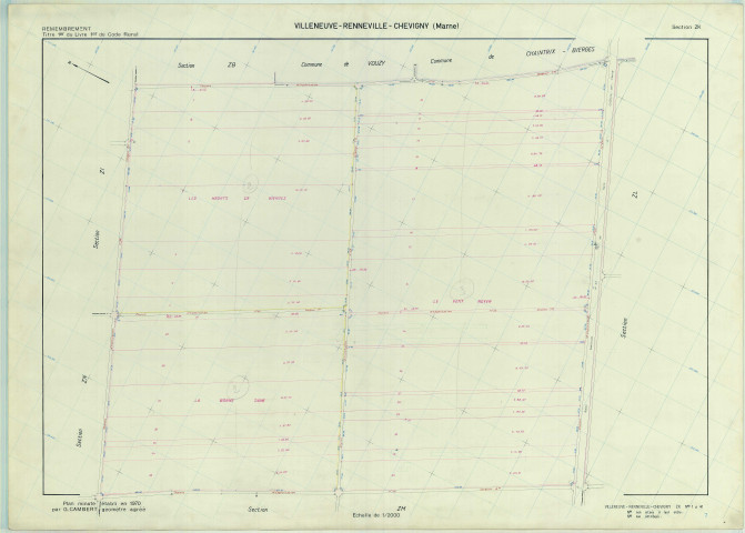 Villeneuve-Renneville-Chevigny (51627). Section ZK échelle 1/2000, plan remembré pour 1970, plan régulier (calque)