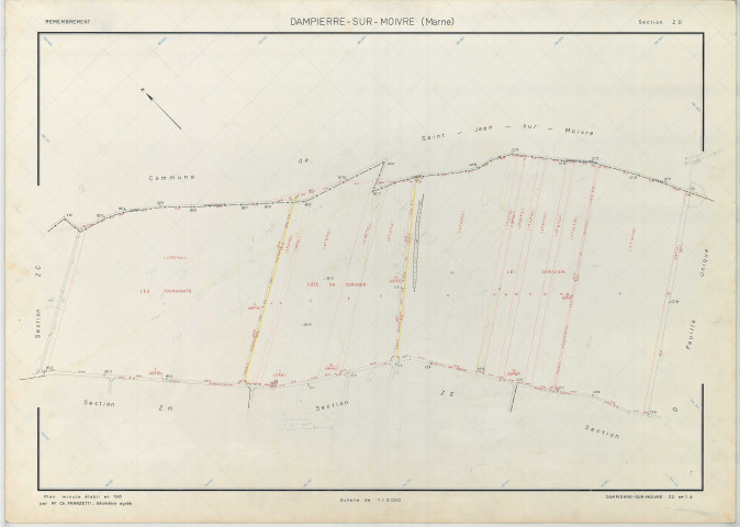 Dampierre-sur-Moivre (51208). Section ZD échelle 1/2000, plan remembré pour 1969, plan régulier (papier armé)