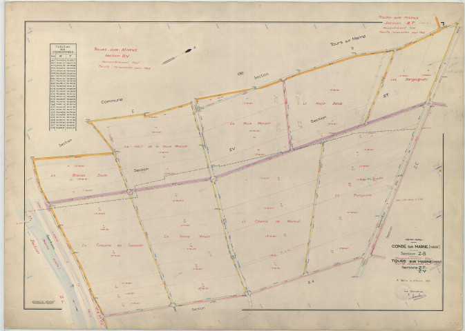 Condé-sur-Marne (51161). Section ZB échelle 1/2000, plan remembré pour 1962 (extension sur Tour-sur-Marne sections ZT et ZV), plan régulier (papier armé)