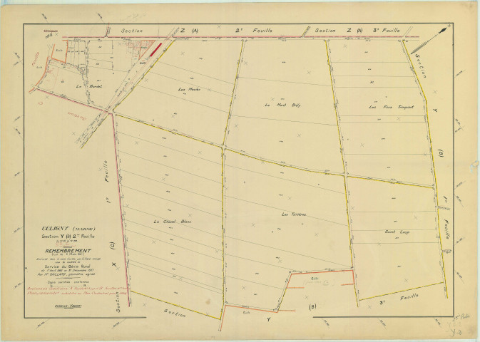 Val-des-Marais (51158). Coligny (51158). Section Y2 2 échelle 1/2000, plan remembré pour 1954 (anciennes sections A3, B1 et B2 ), plan régulier (papier)