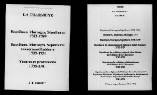 Montmort. Charmoye (La). Baptêmes, mariages, sépultures et sépultures des domestiques de l'Abbaye 1735-1789