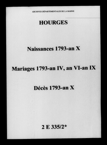 Hourges. Naissances, mariages, décès 1793-an X