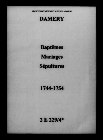 Damery. Baptêmes, mariages, sépultures 1744-1754