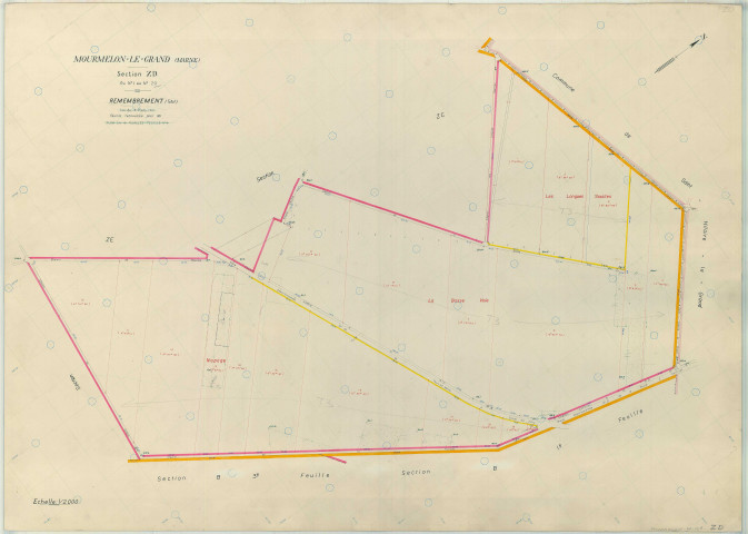Mourmelon-le-Grand (51388). Section ZD échelle 1/2000, plan remembré pour 1965, plan régulier (papier armé)