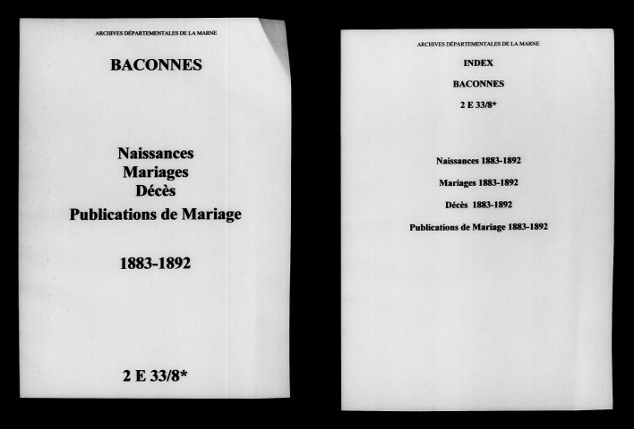 Baconnes. Naissances, mariages, décès, publications de mariage 1883-1892