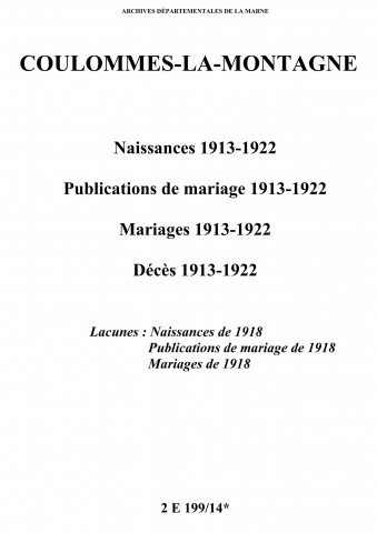 Coulommes-la-Montagne. Naissances, publications de mariage, mariages, décès 1913-1922