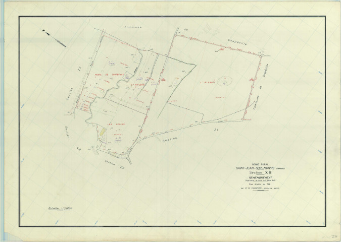 Saint-Jean-sur-Moivre (51490). Section ZH échelle 1/2000, plan remembré pour 1967, plan régulier (papier armé)