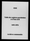 Isse. Tables des baptêmes, mariages, sépultures et naissances, mariages, décès 1692-1876