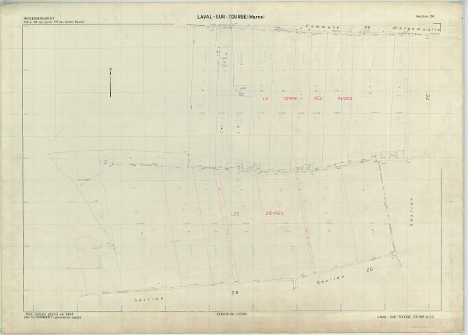 Laval-sur-Tourbe (51317). Section ZA échelle 1/2000, plan remembré pour 1968, plan régulier (papier armé)