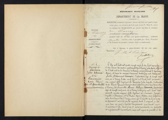 Corroy. Mariages 1893-1929