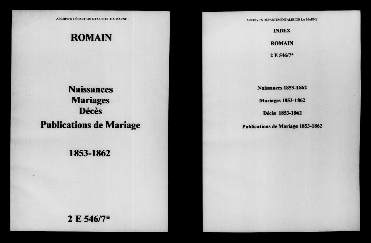 Romain. Naissances, mariages, décès, publications de mariage 1853-1862