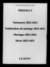 Prouilly. Naissances, publications de mariage, mariages, décès 1823-1832