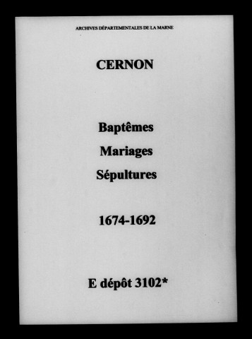 Cernon. Baptêmes, mariages, sépultures 1674-1692