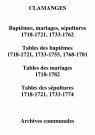 Clamanges. Tables des baptêmes, mariages, sépultures et actes des baptêmes, mariages, sépultures 1718-1782