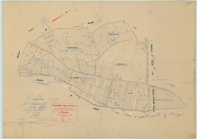 Courcelles-Sapicourt (51181). Section D2 échelle 1/1000, plan mis à jour pour 1940, plan non régulier (papier).