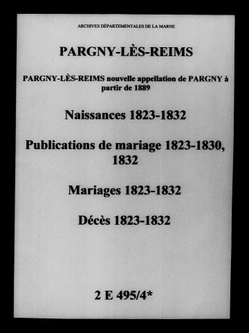 Pargny. Naissances, publications de mariage, mariages, décès 1823-1832