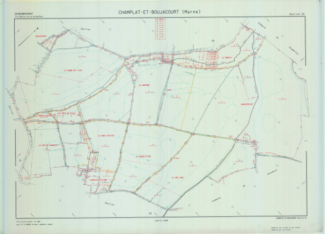 Champlat-et-Boujacourt (51120). Section ZC échelle 1/2000, plan remembré pour 1998, plan régulier de qualité P5 (calque).