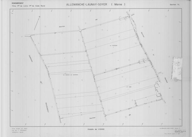 Allemanche-Launay-et-Soyer (51004). Section YL échelle 1/2000, plan remembré pour 01/01/1994, plan régulier de qualité P5 (calque)