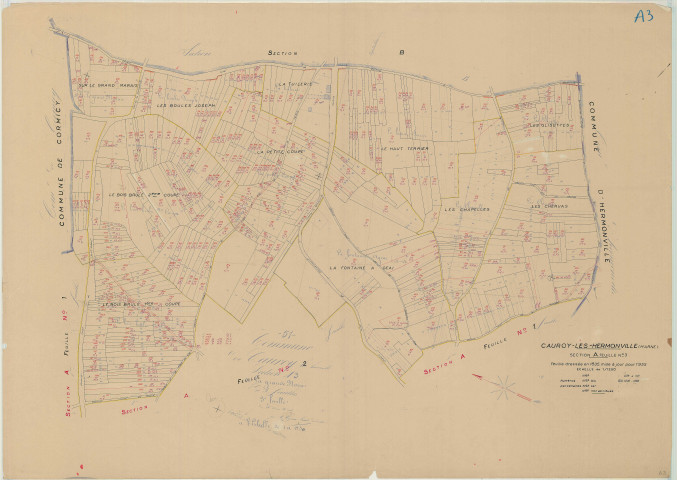 Cauroy-lès-Hermonville (51102). Section A3 échelle 1/1250, plan mis à jour pour 1955, plan non régulier (papier).