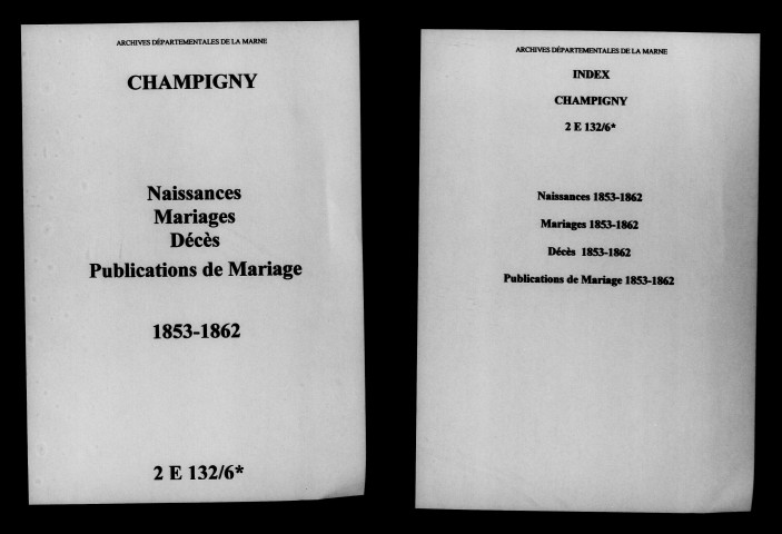 Champigny. Naissances, mariages, décès, publications de mariage 1853-1862