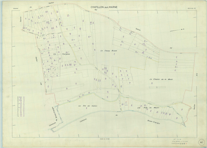 Châtillon-sur-Marne (51136). Section AI échelle 1/1000, plan renouvelé pour 1969, plan régulier (papier armé).