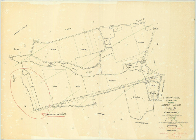 Margerie-Hancourt (51349). Section ZA échelle 1/2000, plan remembré pour 1969, plan régulier (papier)