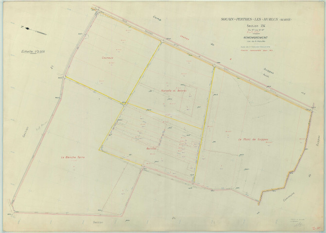 Souain-Perthes-lès-Hurlus (51553). Section ZK échelle 1/2000, plan remembré pour 1956, plan régulier (papier armé)