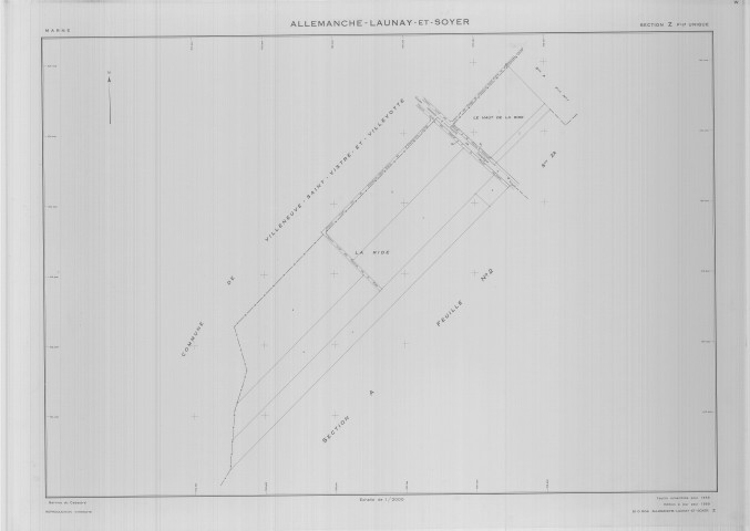 Allemanche-Launay-et-Soyer (51004). Section Z échelle 1/2000, plan remembré pour 01/01/1959, régulier avant 20/03/1980 (calque)