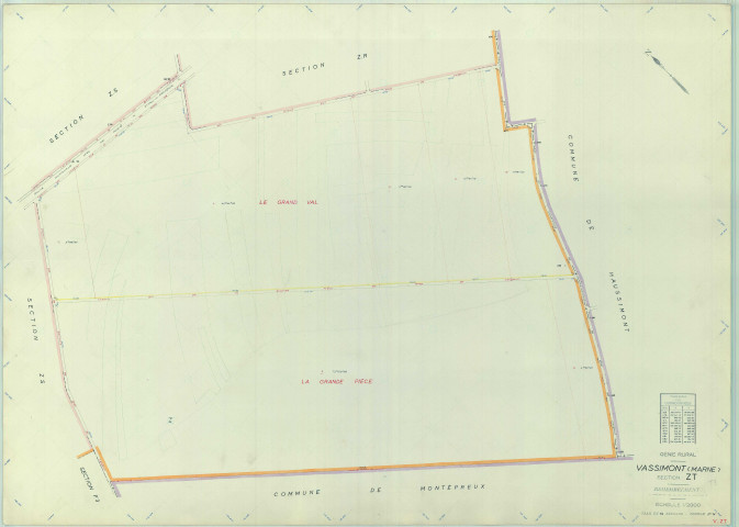 Vassimont-et-Chapelaine (51594). Section ZT échelle 1/2000, plan remembré pour 01/01/1963, régulier avant 20/03/1980 (papier armé)