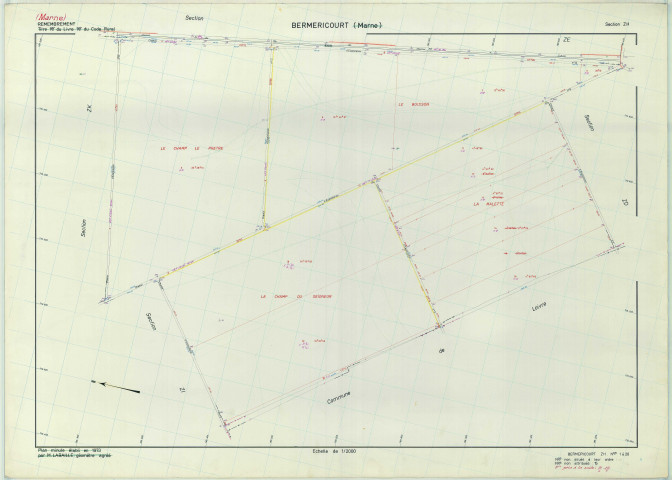 Berméricourt (51051). Section ZH échelle 1/2000, plan remembré pour 1976, plan régulier (papier armé).