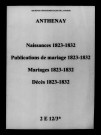 Anthenay. Naissances, publications de mariage, mariages, décès 1823-1832