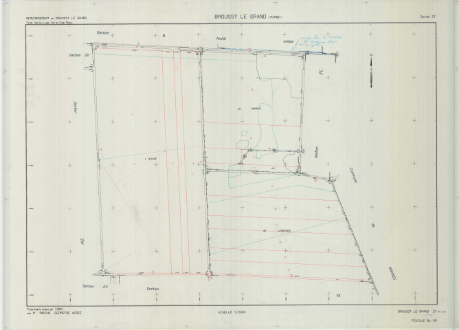 Broussy-le-Grand (51090). Section ZY échelle 1/2000, plan remembré pour 01/01/1984, plan régulier de qualité P5 (calque)