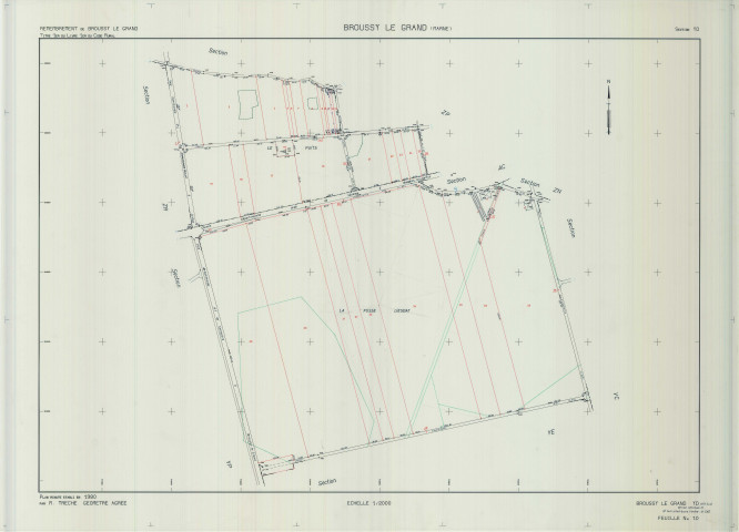 Broussy-le-Grand (51090). Section YD échelle 1/2000, plan remembré pour 01/01/1980, plan régulier de qualité P5 (calque)