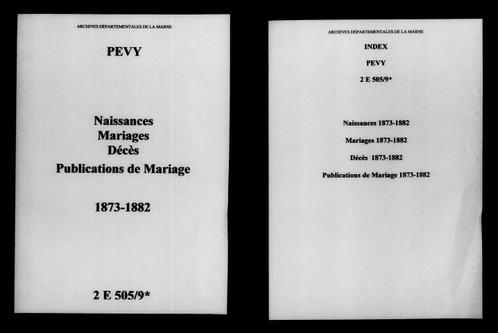 Pévy. Naissances, mariages, décès, publications de mariage 1873-1882