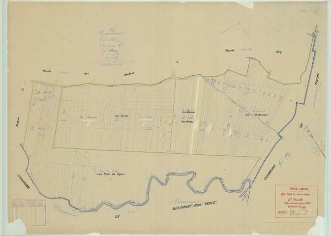 Val-de-Vesle (51571). Section C3 échelle 1/1250, plan mis à jour pour 1943, ancienne commune de Wez (51661), plan non régulier (papier).