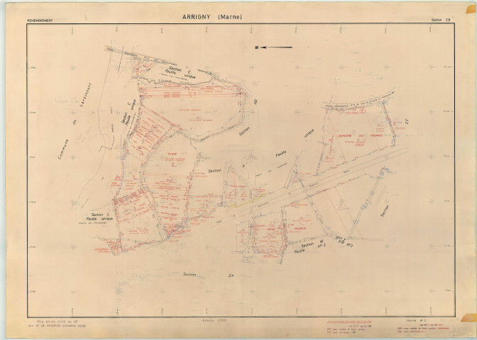 Arrigny (51016). Section ZB échelle 1/2000, plan remembré pour 1957, plan régulier (papier armé)
