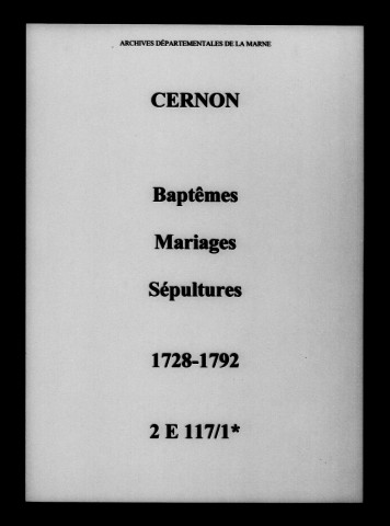 Cernon. Baptêmes, mariages, sépultures 1728-1792