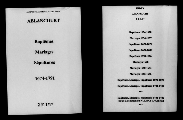 Ablancourt. Baptêmes, mariages, sépultures 1674-1791
