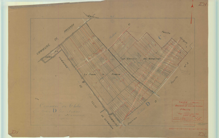 Thibie (51566). Section D1 échelle 1/2500, plan mis à jour pour 1933, plan non régulier (calque)
