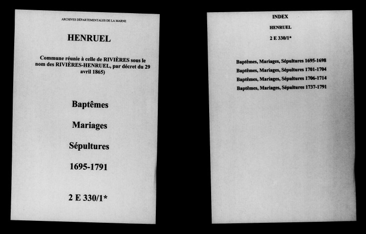 Henruel. Baptêmes, mariages, sépultures 1695-1791