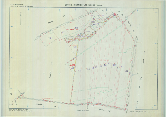 Souain-Perthes-lès-Hurlus (51553). Section YA échelle 1/2000, plan remembré pour 1986, plan régulier (calque)