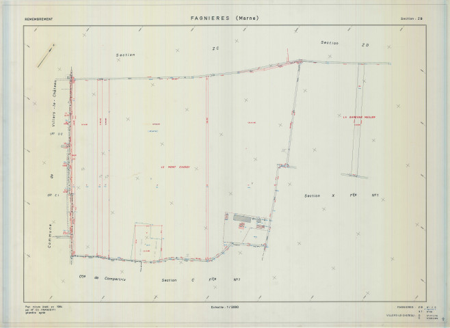 Fagnières (51242). Section ZB échelle 1/2000, plan remembré pour 1984 (extension sur Fagnières section X1 et Villers-le-Château sections D et E), plan régulier (calque)