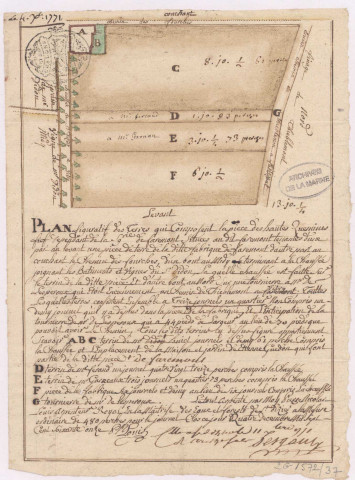 Plan figuré d'une pièce de terre située sur le terroir de Farémont, lieu-dit les hautes Queunines (1771), Pierre Nicolas Louis