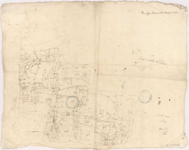 Plan du bourg et terroir d'Avenay seigneurie appartenant à Mesdames Abbesse et Religieuses de l'abbaye Royale de Saint Pierre dudit Avenay, fin XVIIIème. Brouillon sans titre de l'arpentage du terroir d'Avenay. Parcelles n° 435 à 471.