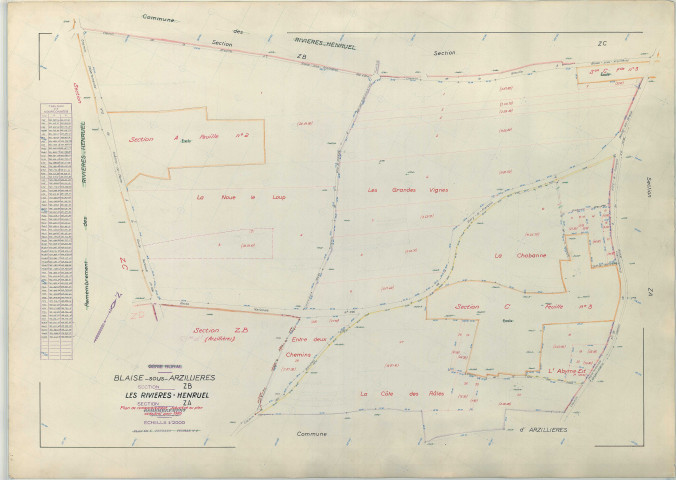 Blaise-sous-Arzillières (51066). Section ZB échelle 1/2000, plan remembré pour 1966 (extension sur les Riviéres-Henruel section ZA), plan régulier (papier armé)