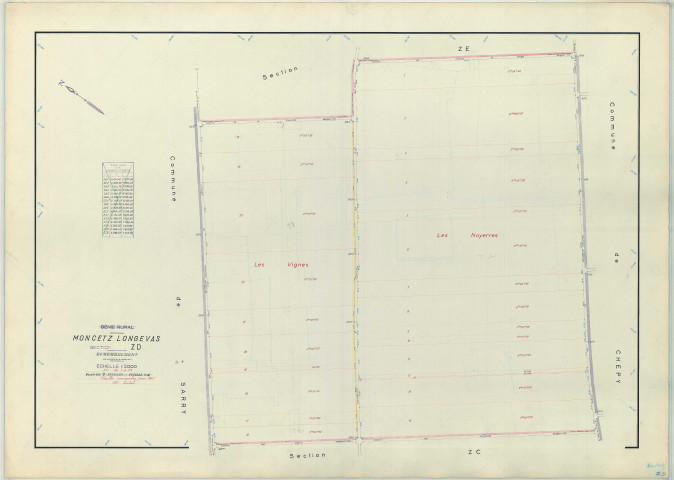 Moncetz-Longevas (51372). Section ZD échelle 1/2000, plan remembré pour 1965, plan régulier (papier armé)